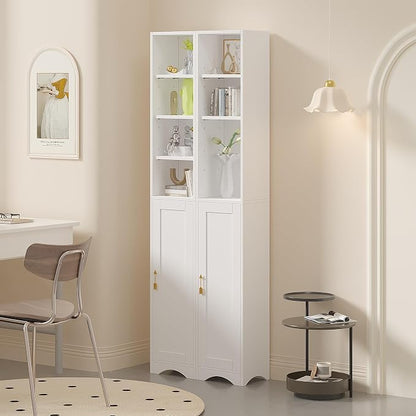 VECELO Narrow Tall Cabinet with Closed Door, 6 Adjustable Movable Shelves, Wood Space Saving Corner Storage Unit, Pearl White