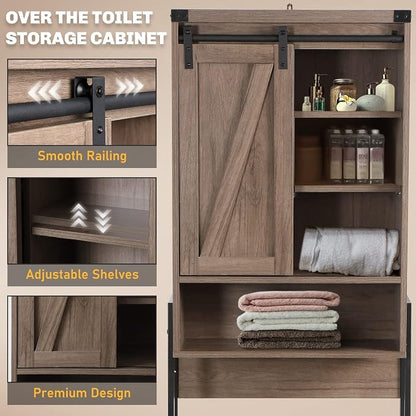 Over Toilet Storage Cabinet with Barn Door & Adjustable Shelves | 24 Inch Wide Bathroom Organizer, Space-Saving, Sturdy Wood, Anti-Tipping, Easy Assembly, for Restroom, Laundry, Small Spaces