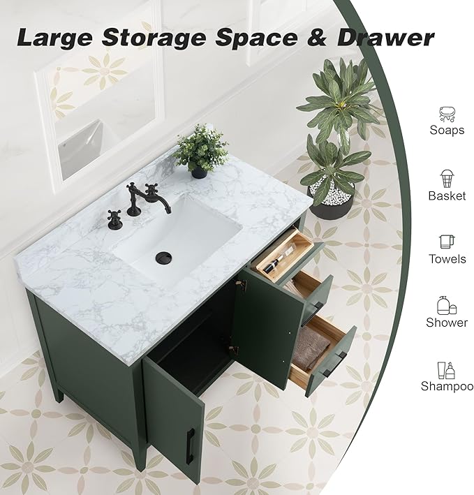 HomeBeyond 42 Inch Bathroom Vanity with Sink & Ceramic Top, Single Vanity Cabinet with Basin, Soft-Closing Doors & Matte Black Hardware, Vintage Green