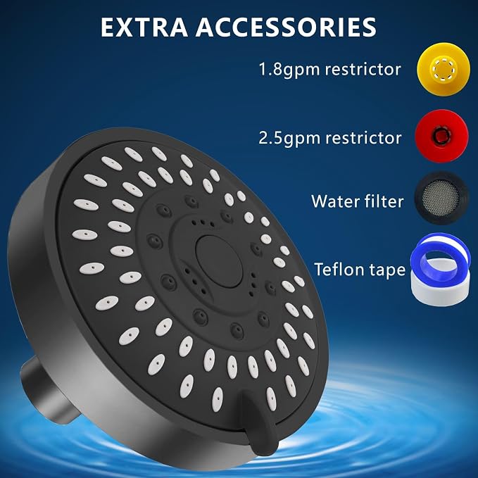 Voolan High Pressure Shower Head - 4 Inch Rain Showerhead - High Flow Bathroom Shower with 5 Spray Settings For a Luxury Showering Experience Even with Low Water Pressure (Black)
