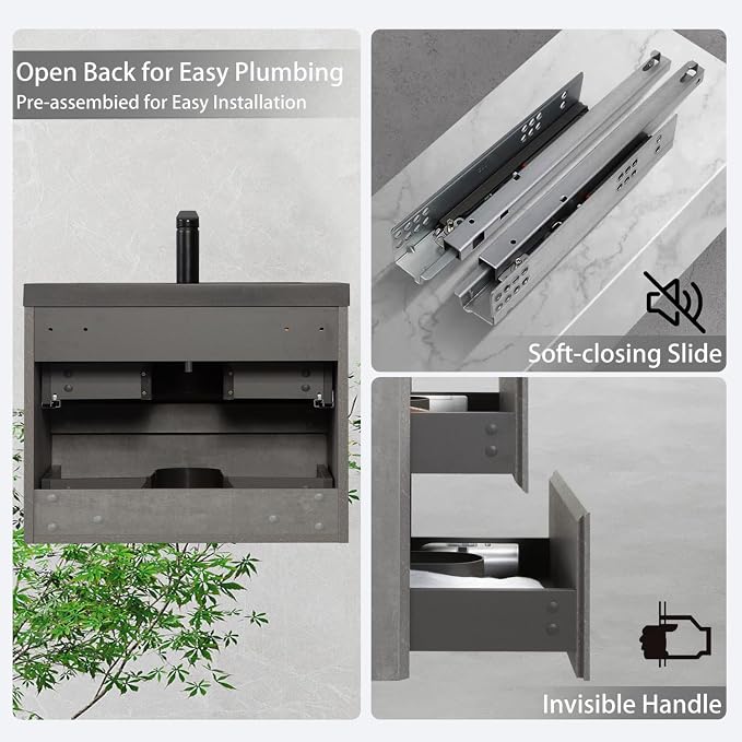 30 Inch Floating Bathroom Vanity with Sink, Modern Grey Wall Mounted Floating Vanity with Scratch-Resistant Quartz Sand Basin and Soft Closing Drawers, Pre Assembled Bathroom Vanity