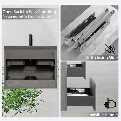 30" Floating Bathroom Vanity with Sink, Modern Wall-Mounted Bathroom Storage Vanity Cabinet with Two Black Quartz Sand Top Basins and Four Soft Close Drawers, Cement Grey