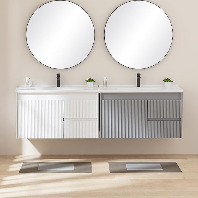 Floating Bathroom Vanity 32 Inch, Wall Mounted Bathroom Vanity with Ceramic Sink and 2 Drawers for Storage, Modern Wave-Carved Design Wooden Sink Cabinet, Grey