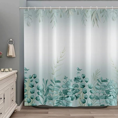 Spring Eucalyptus Shower Curtain, Sage Green Botanical Tropical Leaves Plants Bathroom Curtain for Bathtub Decor Waterproof Fabric Machine Washable with 12 Hooks