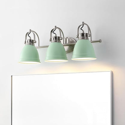 JONATHAN Y 25.5" Mint Green/Nickel 3-Light LED Vanity Light, Adjustable Wall Sconce for Bathroom Mirror, Farmhouse Bohemian Kitchen Light, Iron Black Bell Shade (JYL1116C)