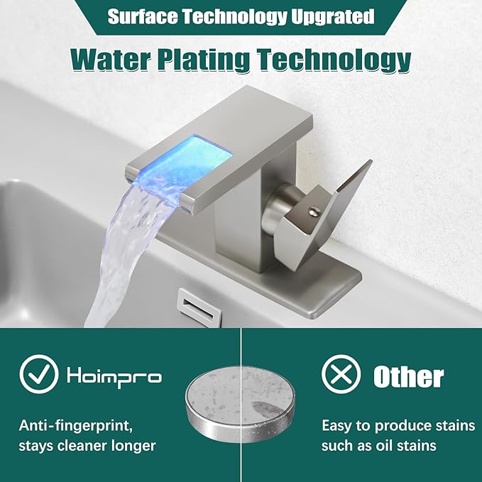 Hoimpro LED Waterfall Bathroom Faucet Brushed Nickel, Single Handle Bathroom Sink Faucet 1 Hole, 3 Colors Light Changing, with Pop-up Drain and cUPC Supply Lines, Stainless Steel
