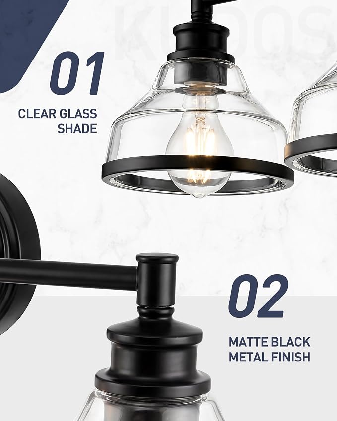 kudos 4-Light Matte Black Vanity Light, Clear Glass Shade | 33" bathroom light fixtures over mirror, upward or downward, E26 base, bulbs not included, Hardwired, KDVL20-BK-4