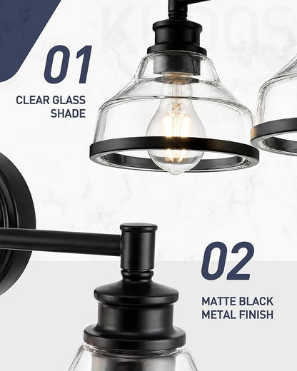 kudos 3-Light Matte Black Vanity Light, Clear Glass Shade | 24" bathroom light fixtures over mirror, upward or downward, E26 base, bulbs not included, Hardwired, KDVL20-BK-3