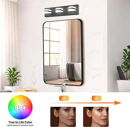LED Dimmable Bathroom Vanity Light Fixtures, 1550LM 3 Light, Black Modern Matte Bathroom Lighting, Over Mirror Vanity Lights for Bathroom, Living Room, Bedroom ETL Certified