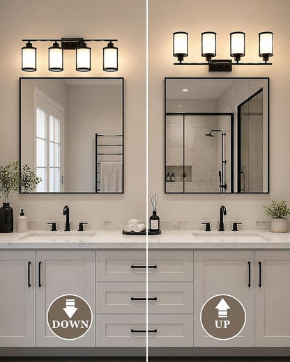 4-Light Black Bathroom Light Fixtures with Milk White Frosted Glass, 29" UL-Listed Modern Wall Sconce Over Mirror with Metal Cage for Bath, Hardwire E26, OS-3014BKW-4W