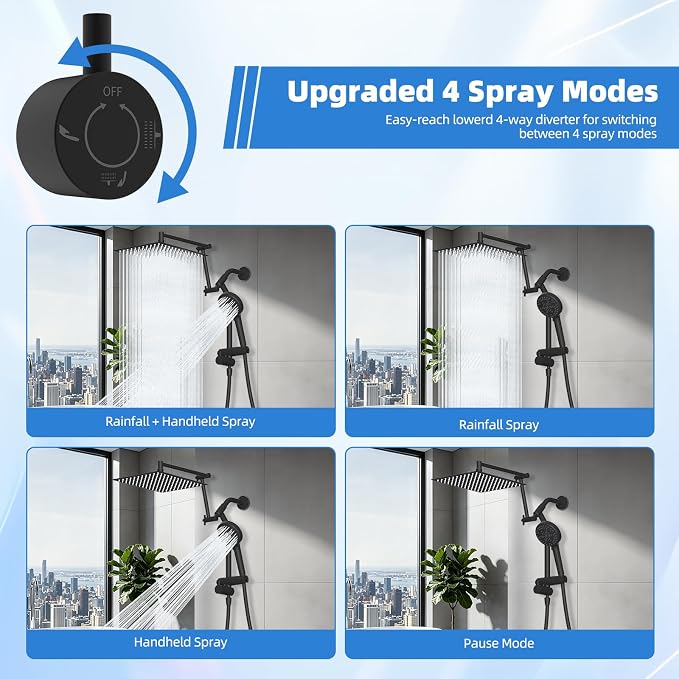 12" Metal Rain Shower Head with Handheld, 10-Mode with Filter, Easy Reach | Black High-Pressure Rainfall Showerhead, Upgraded 4-Way Diverter Pause Mode, Adjustable 16" Extension Arm/71" Hose/Holder