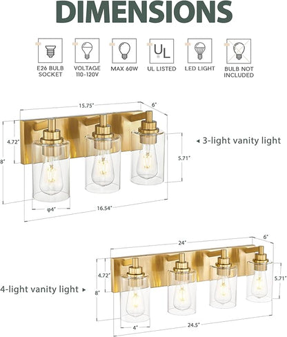 3-Light Bathroom Light Fixtures, Brushed Gold Vanity Light with Cylinder Clear Glass Shade, Modern Vanity Lighting Fixtures Over Mirror, VL143-BG-3