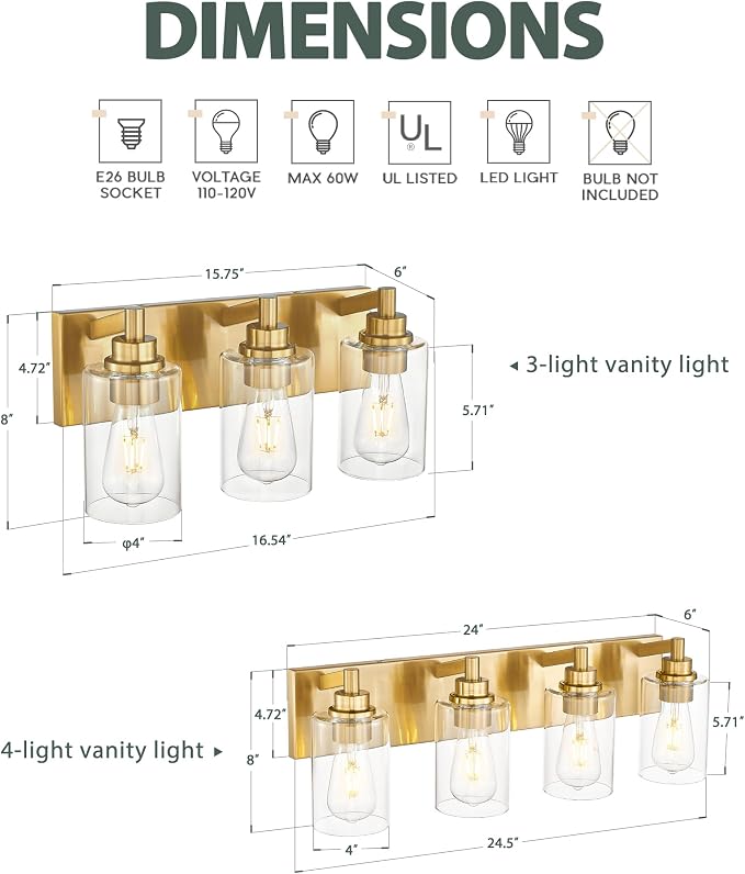 3-Light Brushed Gold Bathroom Vanity Light, Clear Cylinder Glass | 16.5" modern bathroom light fixtures over mirror, E26 base, bulbs not included, VL143-BG-3