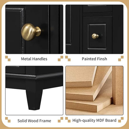 Bathroom Vanity with Ceramic Sink 24 Inch, Cabinet with One Door and Three Drawers, Soft-Closing Door, Solid Wood Legs, Black