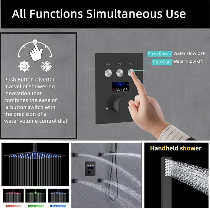 AYIVG Thermostatic Shower System with 6PCS Body Jets Matte Black Temperature Displa Shower Faucet Set Ceiling Shower System with Push Button Diverter LED 12 Inch Rain Shower Head with Handheld Spray