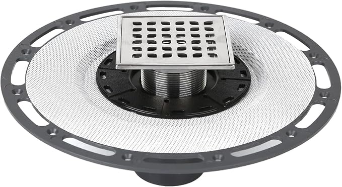 4-Inch Square Shower Drain Kit with Bonding Flange, Brushed Silver | Removable 304 stainless steel grate with hair strainer; fits 2- and 3-inch pipes for tiled shower floors and wet areas