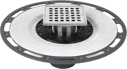 4-Inch Square Shower Drain Kit with Bonding Flange, Brushed Silver | Removable 304 stainless steel grate with hair strainer; fits 2- and 3-inch pipes for tiled shower floors and wet areas
