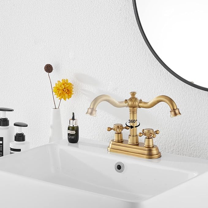 Bathroom Faucet Antique Brass GGStudy 2 Handles 4 Inches Centerset Bathroom Vanity with Drain Assembly and Supply Hose Lavatory Faucet Mixer Double Handle Tap