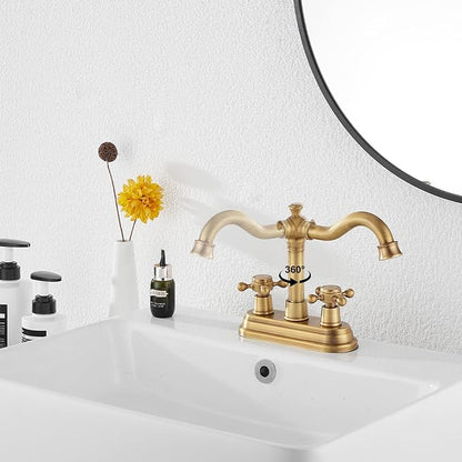 Bathroom Faucet Antique Brass GGStudy 2 Handles 4 Inches Centerset Bathroom Vanity with Drain Assembly and Supply Hose Lavatory Faucet Mixer Double Handle Tap