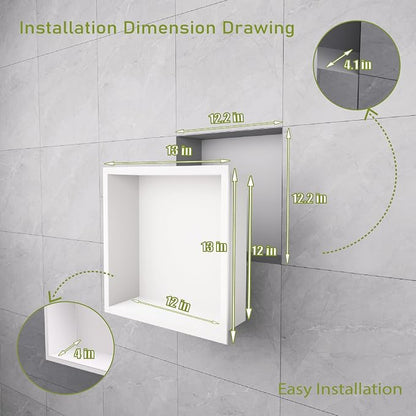 Stainless Steel Shower Niche 12"x12"，Shower Inserts Kit for Bathroom ， Recessed Shower Shelf Organizer for Storage Matte White （12"x12"）