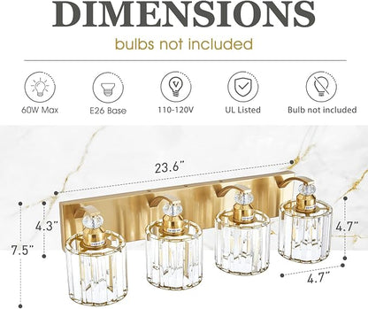 4-Lights Brushed Brass Bathroom Light Fixture Gold Vanity Lights Modern Crystal Bathroom Vanity Lighting Over Mirror Wall Sconce with K9 Crystal Shade E26 Base for Living Room, Bedroom Wall Lamp