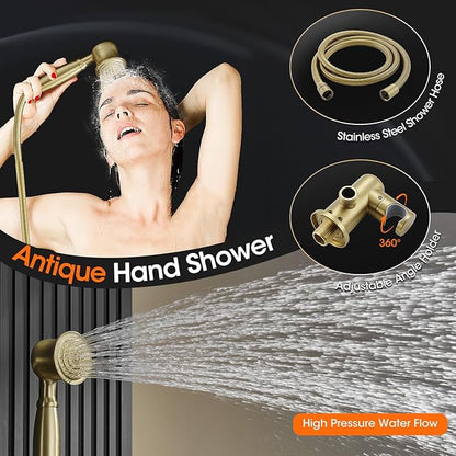 Antique Rainfall Shower System Bathroom Luxury Rain Mixer Shower Faucet Set with Pressure Balance Valve, Shower Combo Set with Rain Shower Head and Vintage Handheld Spray 9 inch Light Gold