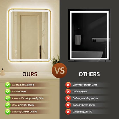 32x40 Inch Gold Framed LED Bathroom Mirror with Lights,Smart Bathroom Mirror,Motion Sensor,Tempered Glass,Anti-Fog,Stepless Dimmable & 3 Colors,Memory,Vanity Mirror for Wall