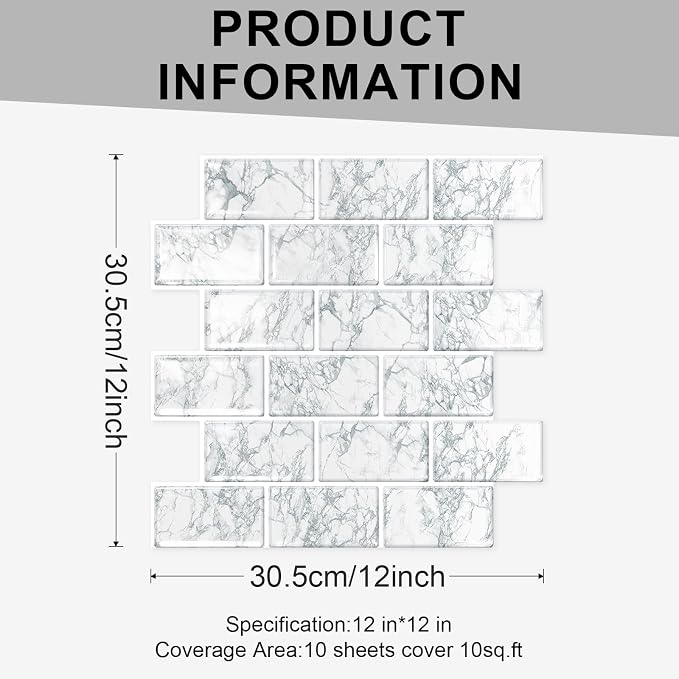 10 Sheets Thicker Design Peel and Stick Backsplash, 12"x12" Peel and Stick Wall Tiles, Subway Look Marble Tiles Backsplash for Kitchen and Bathroom, Snow Flake White