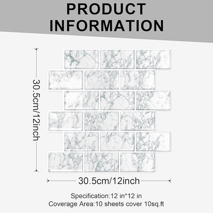 10 Sheets Thicker Design Peel and Stick Backsplash, 12"x12" Peel and Stick Wall Tiles, Subway Look Marble Tiles Backsplash for Kitchen and Bathroom, Snow Flake White