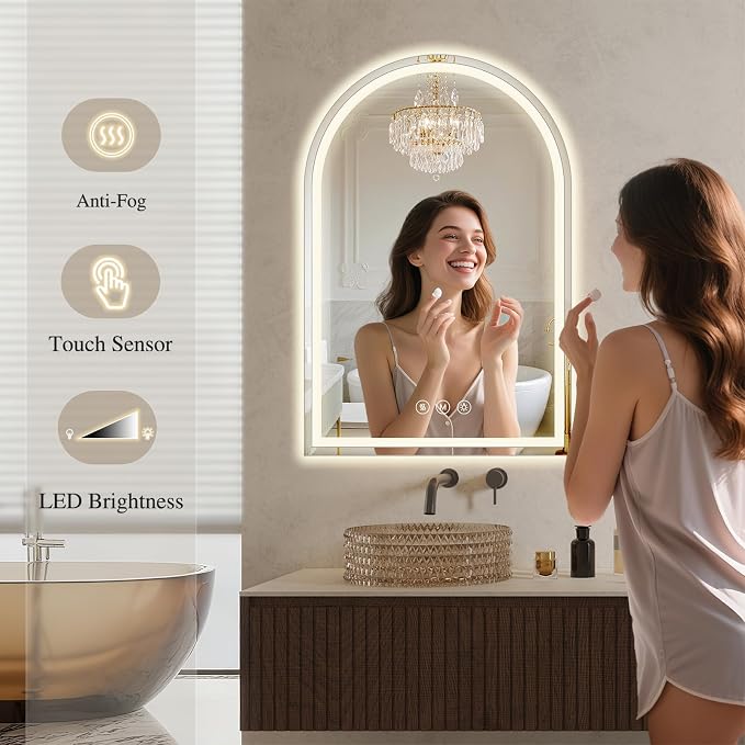 Arched LED Bathroom Mirrors with Lights 30"x48" LED Mirror for Bathroom,Led Vanity Mirror, Anti-Fog,LED Mirrors with Light, Anti-Fog, Dimmable, 3 Color, Shatterproof, Touch Sensor