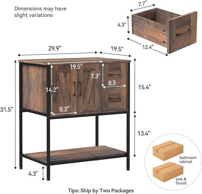 YOURLITE Bathroom Vanity, 30" Rustic Brown Bathroom Vanity with Sink Combo Set, Farmhouse Modern Wood Bathroom Cabinet with Black Ceramic Vessel Sink