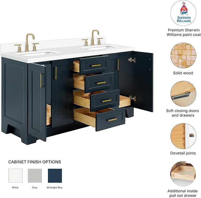 Emilia 66" Midnight Blue Double Bathroom Vanity with Sink, 1.5" Edge Pure White Quartz Countertop, Rectangular Undermount Sinks, 4 Soft Closing Doors, 6 Full Extension Dovetail Drawers