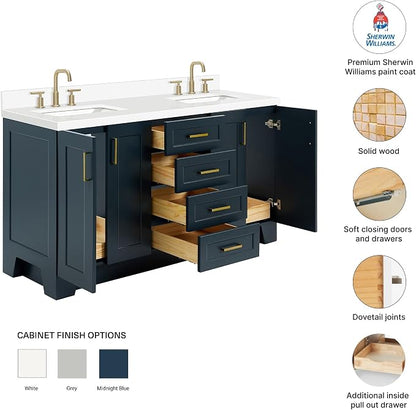 Emilia 66" Midnight Blue Double Bathroom Vanity with Sink, 1.5" Edge Pure White Quartz Countertop, Rectangular Undermount Sinks, 4 Soft Closing Doors, 6 Full Extension Dovetail Drawers