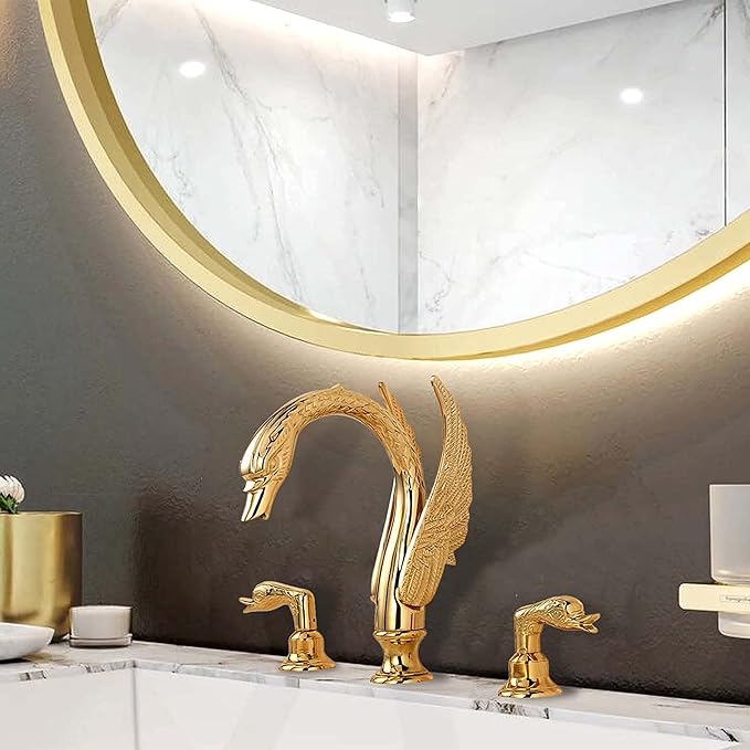 Golden Gold Ornate Swan Style Bathroom Sink Faucet Combo Deck Mount Sink Mixer Tap Set Hot Cold Water