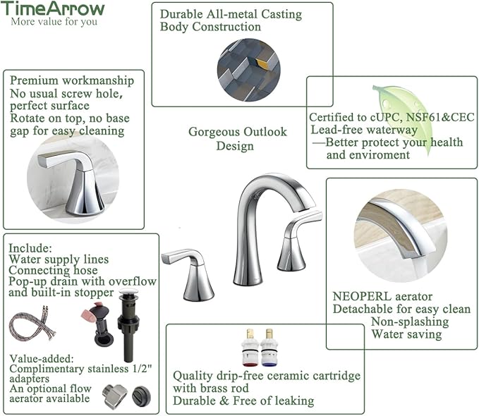 Bathroom Faucet for Sink 3 Hole, Chrome 8 Inch Widespread Bathroom Sink Faucets with Pop-up Drain and Supply Lines, Lavatory Vanity Faucets, TAF826-CP