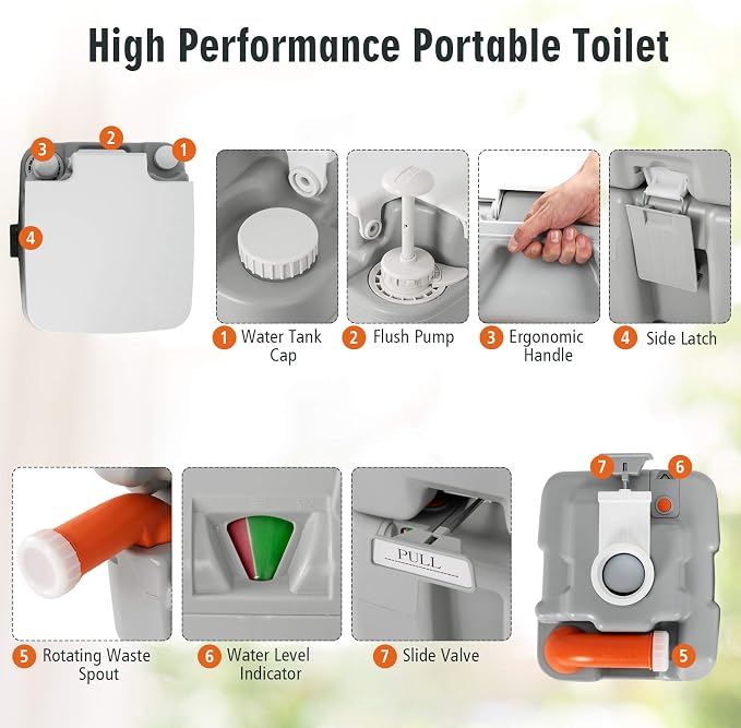 S AFSTAR 5.3 Gallon Portable Toilet for Camping, RV Camping Toilet with Level Indicator, 3-Piston Pump Flush, Fresh Water & Waste Split Tank, Outdoor Porta Potty for Travel Trips Hiking Boating