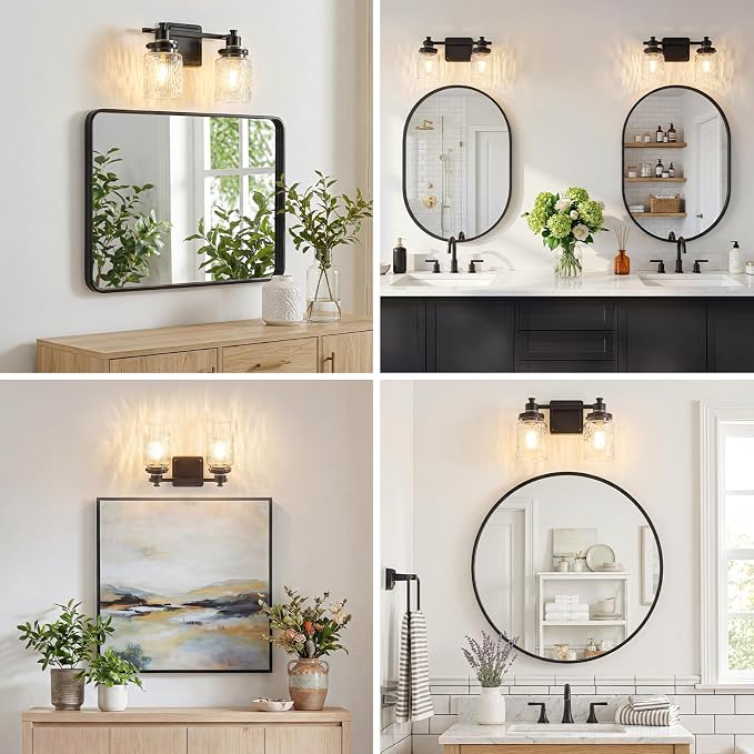 2 Light Bathroom Light Fixtures Farmhouse Black Vanity Lights | ETL Certificate, Easy to Install,Wall Mount Up or Down,Hammered Glass Lampshade,E26 Socket,Hardwired,120V