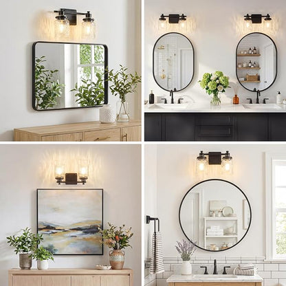 2 Light Bathroom Light Fixtures Farmhouse Black Vanity Lights | ETL Certificate, Easy to Install,Wall Mount Up or Down,Hammered Glass Lampshade,E26 Socket,Hardwired,120V