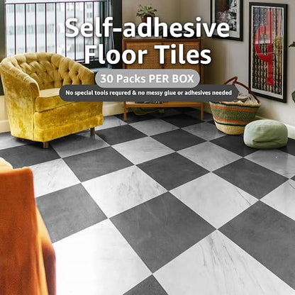 Art3dwallpanels Peel and Stick Floor Tiles 30 Pack 12x12 in Black and White | Peel and Stick, Self Adhesive, Waterproof Vinyl Flooring, Marble Pattern, for Kitchen, Dining Room, Bedrooms, Cover 30 Sq. Ft