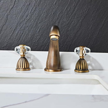 Bathroom Sink Faucet 3 Hole Deck Mounted Widespread Brass Bathroom Faucet Crystal Handle Mixer Tap, Antique Bronze