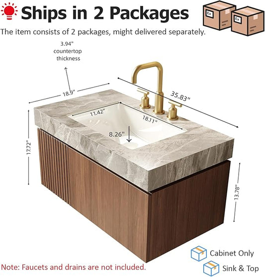36" Floating Bathroom Vanity with Sink, Modern Plywood Storage Cabinet with Drawer and Door, Light Gray Sintered Stone Countertop and 3 Pre-drilled Faucet Holes Ceramic Basin, Pre-Assembled, Dark Oak