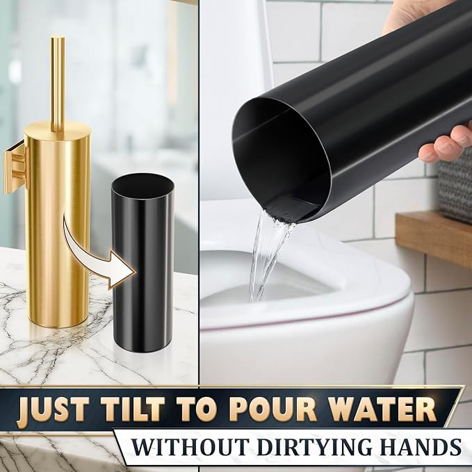 Gold Toilet Brush and Holder Set, Stainless Steel (Wall Mounted) | Toilet Brush with Holder Set, Splash Protection & Dense Bristles for Bathroom Cleaning, Strong Vacuum Suction and Holder
