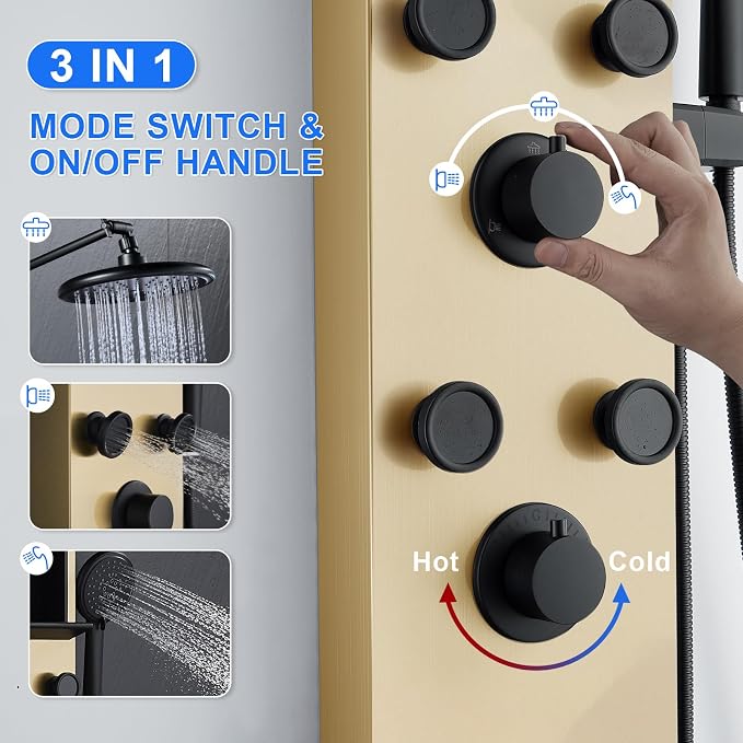 POPFLY Shower Panel Tower System with Shelf, Adjustable Shower Arm Height 8-inch Rainfall Head System, Stainless Steel Shower Panel, 6 Body Jets and 5-Setting Handheld Shower, Brushed Gold
