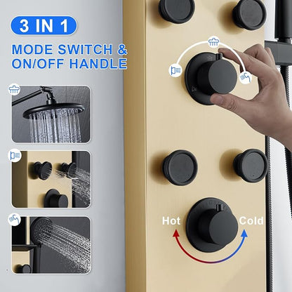 POPFLY Shower Panel Tower System with Shelf, Adjustable Shower Arm Height 8-inch Rainfall Head System, Stainless Steel Shower Panel, 6 Body Jets and 5-Setting Handheld Shower, Brushed Gold