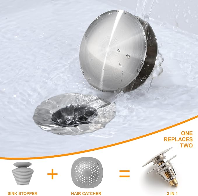 Bathroom Sink Drain Stopper 1.1~1.5 Inch, Universal Pop Up Sink Stopper, Anti-Clogging Sink Drain Strainer with Hair Catcher, Bounce Push Type Sink Drain Filter (Brushed Nickel)