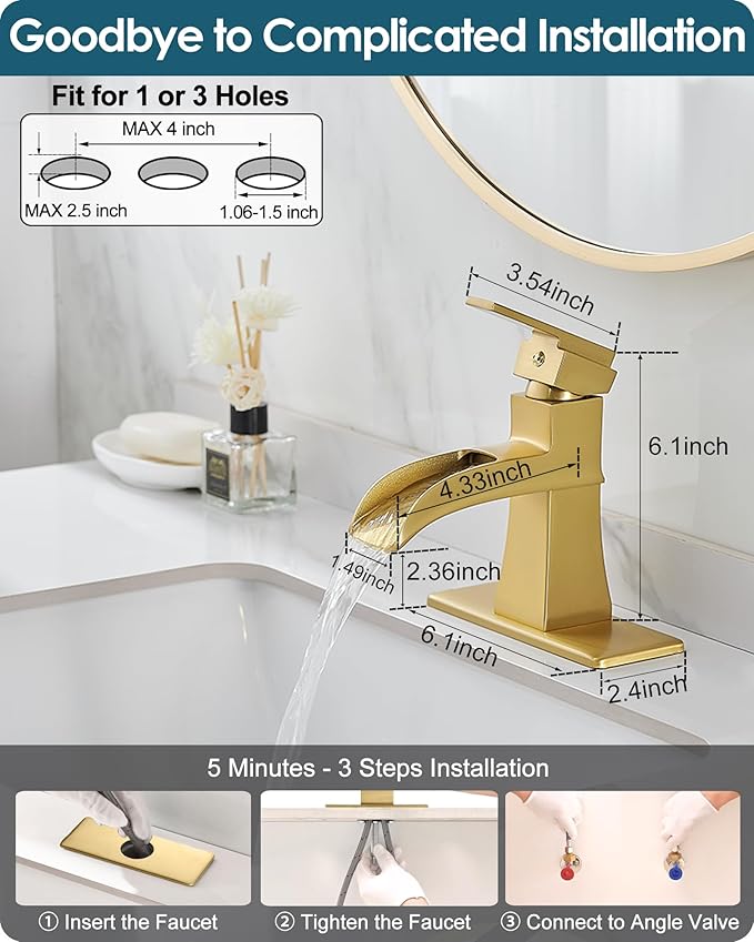 Gold Bathroom Sink Faucet 1 Hole, Brass Waterfall Faucet for Bathroom Sink, 4 Inch 3 Hole with Single Handle, Deck Plate & cUPC Water Hoses for Antique Vanity Lavatory, Not Included Pop-up Drain