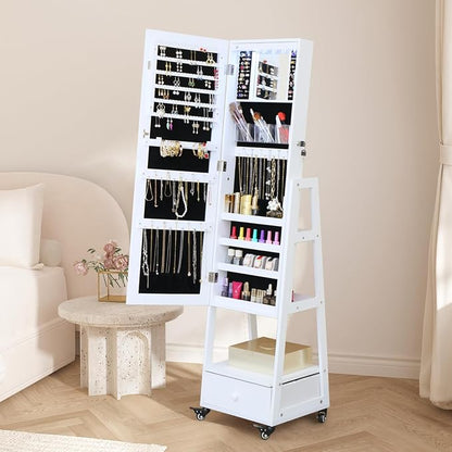 Mirror Jewelry Cabinet 62 Inch Full Length Mirror with Standing Jewelry Armoire Organizer, Lockable Jewelry Storage Cabinet With Drawer Wheels White