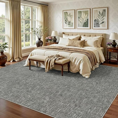 Garvee Washable Rug 9x12 Modern Solid Color Area Rugs for Living Room,Grey | Non Slip Non Shedding Neutral Textured Stain Resistant Low Pile Minimalist Rug for Dining Room Nursery Bedroom