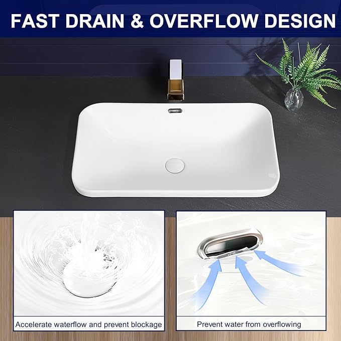 Vessel Sink 27"x16" Semi Recessed Bathroom Sink Drop-in White Bathroom Sink Porcelain Ceramic Modern Rectangular Sinks Drop-in Vanity Sinks with Overflow for Bathrooms