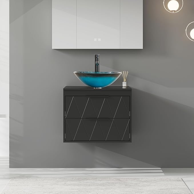 eclife 24" Floating Bathroom Vanities with Sink Combo, Wall Mounted Modern Cabinet W/Diamond Line Pattern Design, Turquoise Square Glass Vessel Sink W/Water Save Faucet & Pop Up Drain, Black